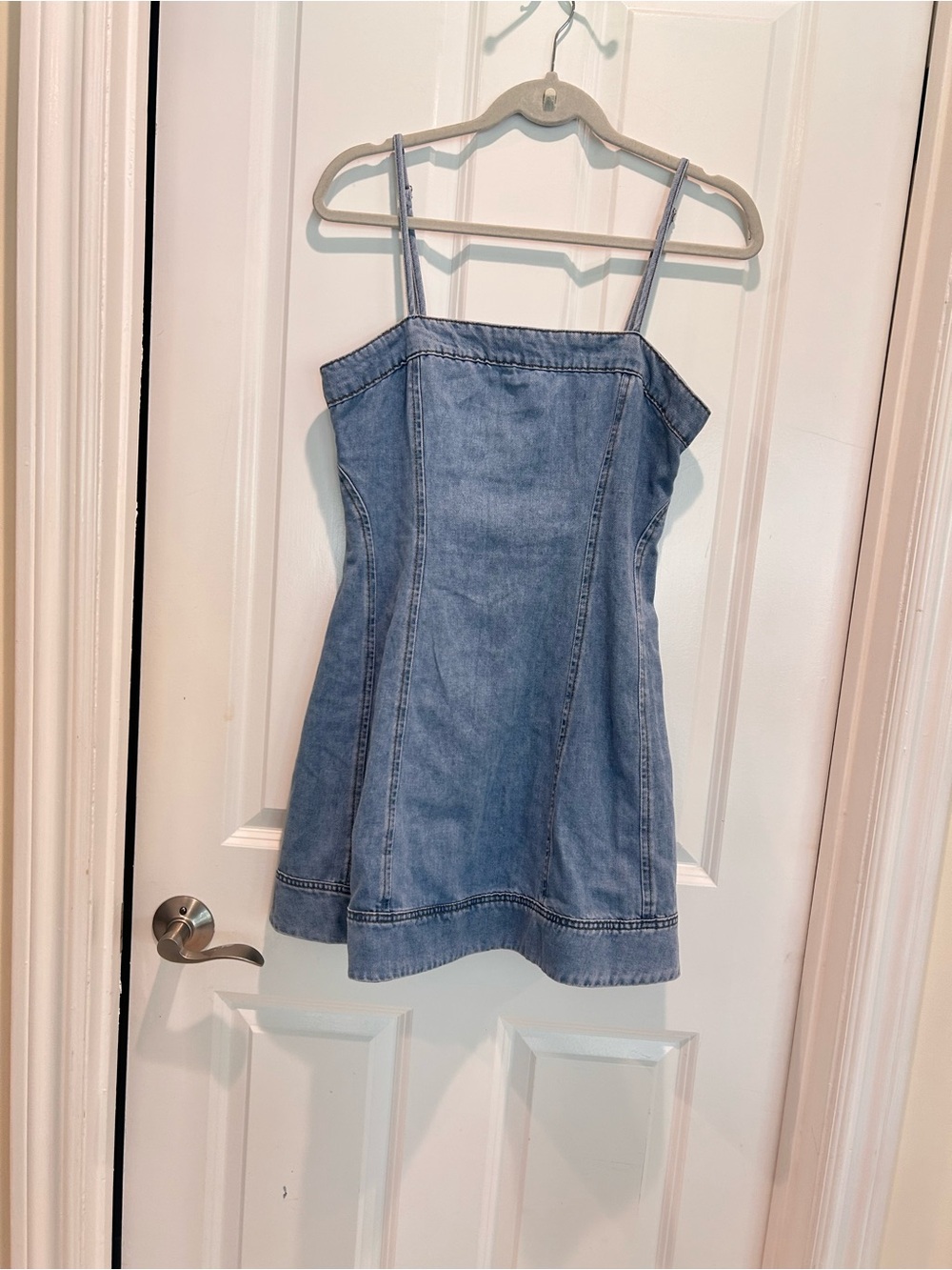 Lush Light Wash Denim Mini Dress Square Neck Sleeveless A-Line Cottagecore - Picture 2 of 9